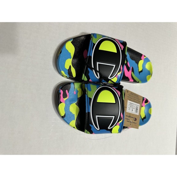 CHAMPION Youth IPO Camo H21 Slide Sandals sz 4Y Black Blue Volt Pink - Picture 1 of 5